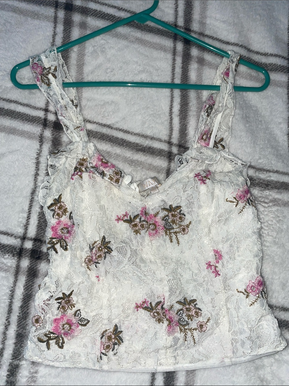 Wayf White Lace Floral Crop Top with Pink & Olive Embroidery